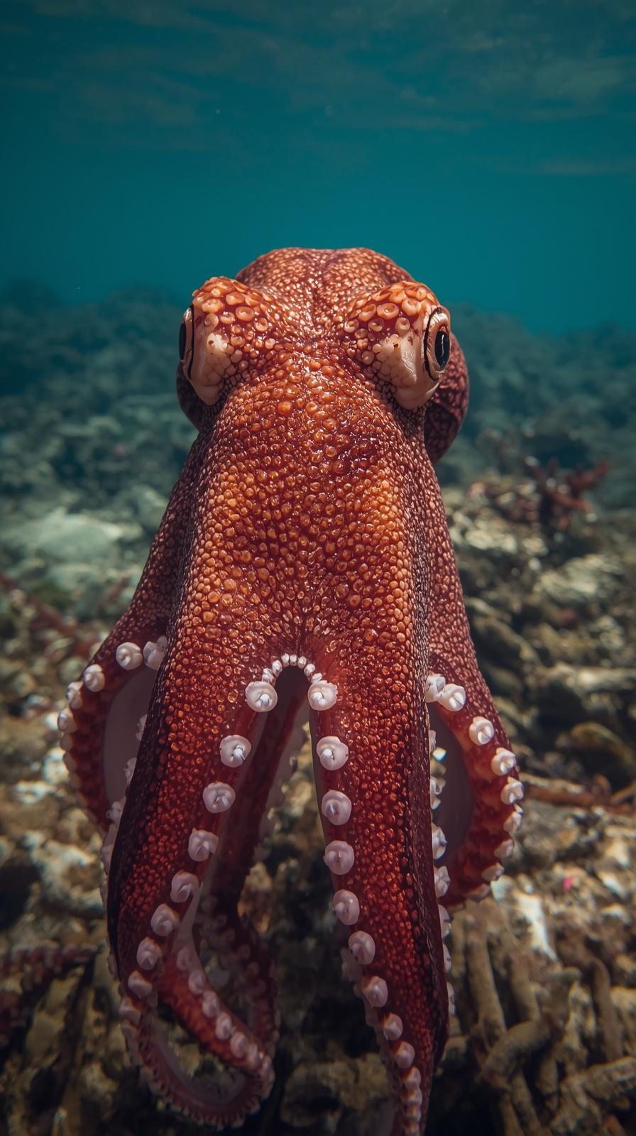 Close up of a vibrant red octopus swimming in deep blue ocean waters.