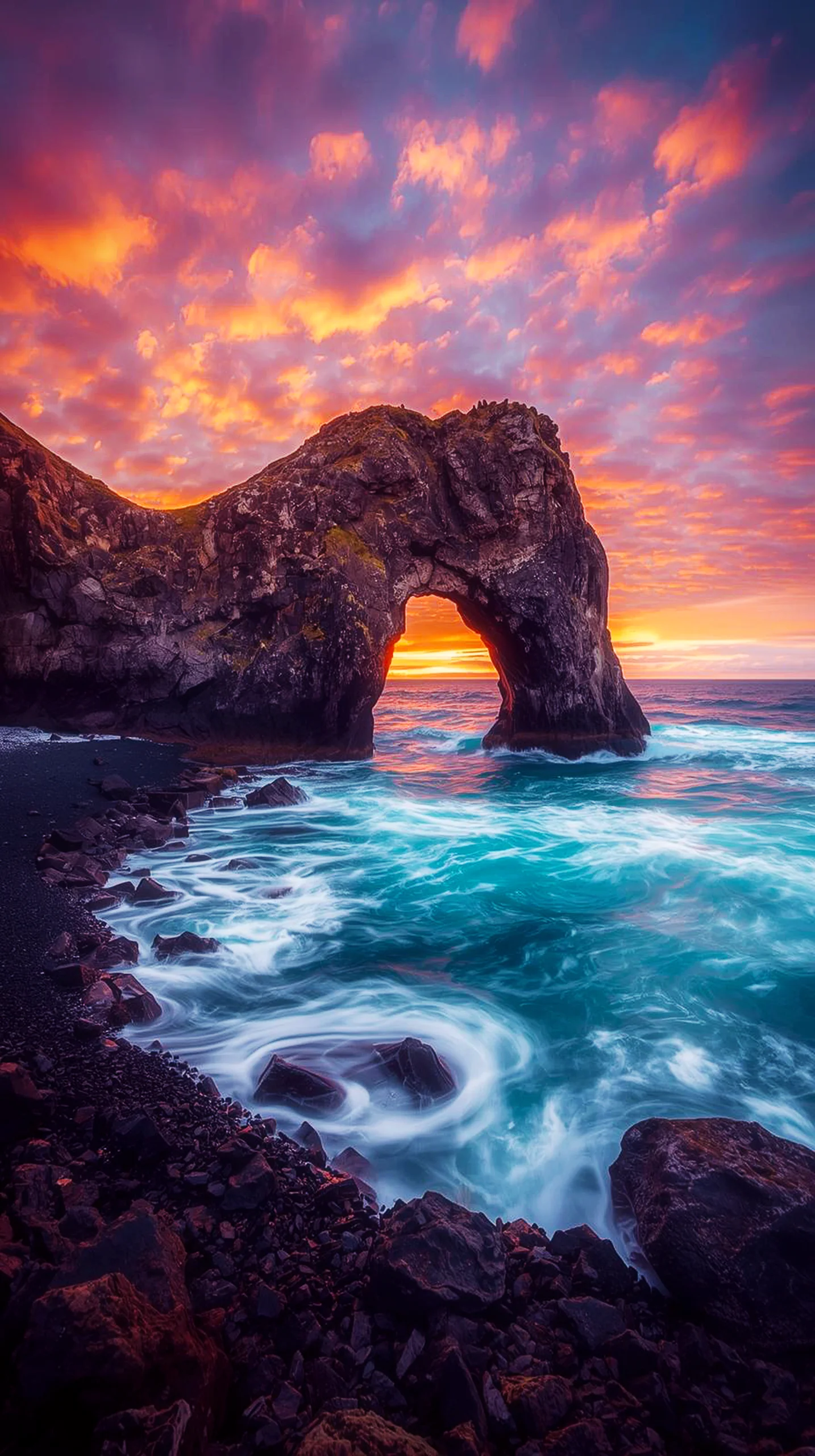 Vibrant sunset over a natural sea arch with turquoise waves, a stunning iphone wallpaper 4k, 4k wallpaper for mobile,