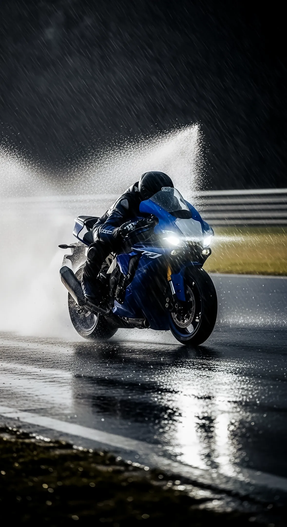 Blue motorcycle racing in rain. A vibrant 4K wallpaper for iPhone and mobile, perfect phone wallpaper, 4K backgrounds
