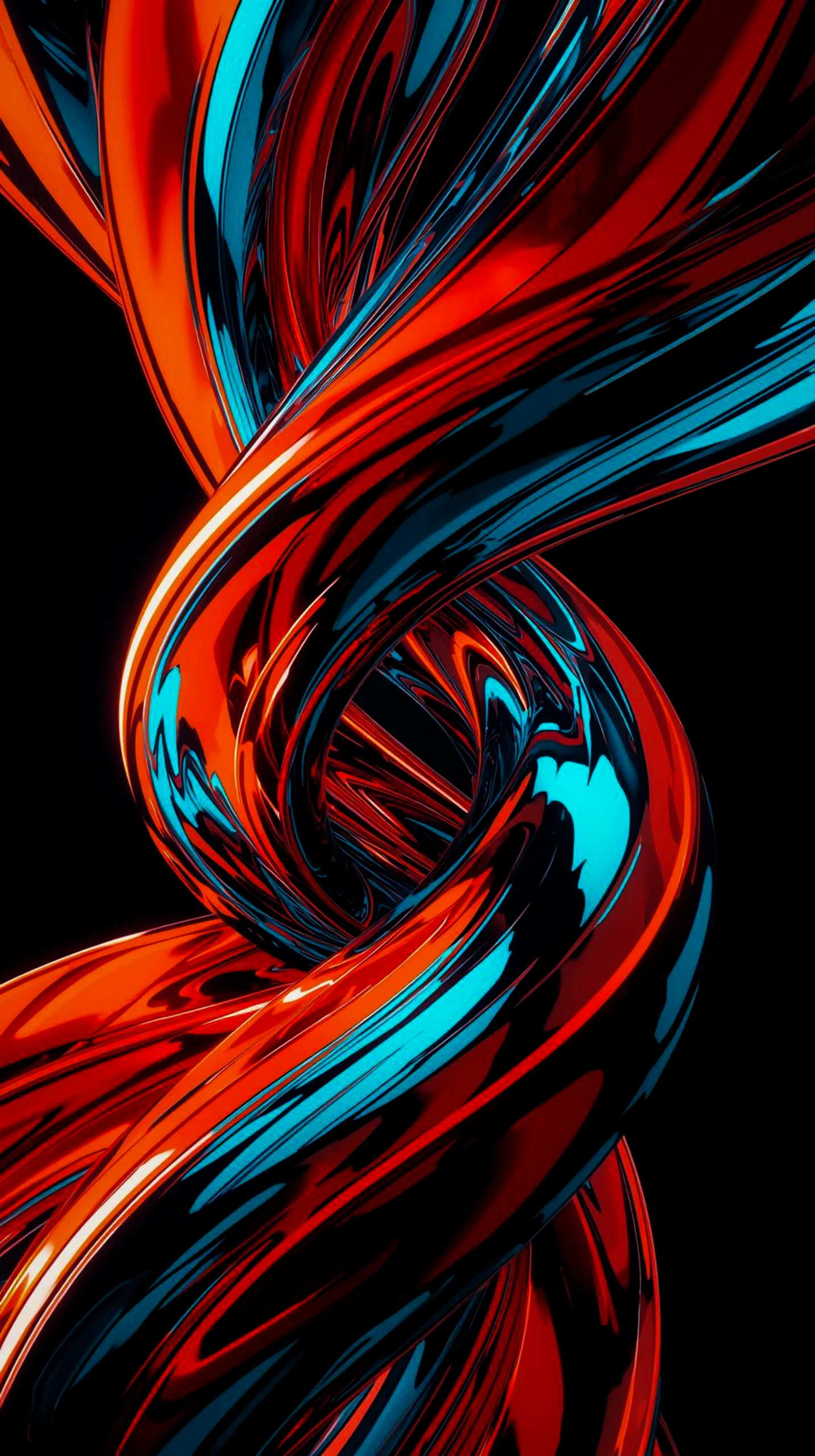 A dark abstract wallpaper with swirling red and blue metallic ribbons against a black background.