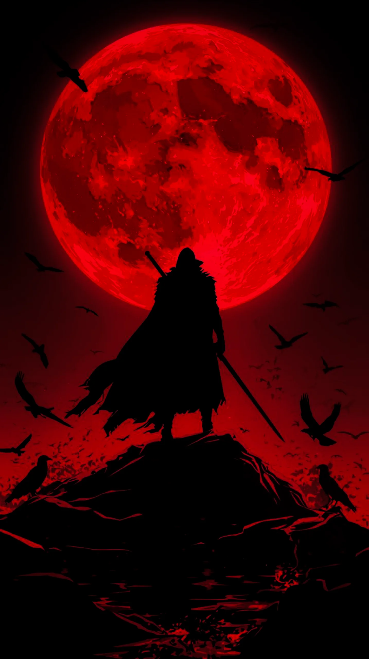 silhouette warrior against red moon wallpaper for iPhone 4K