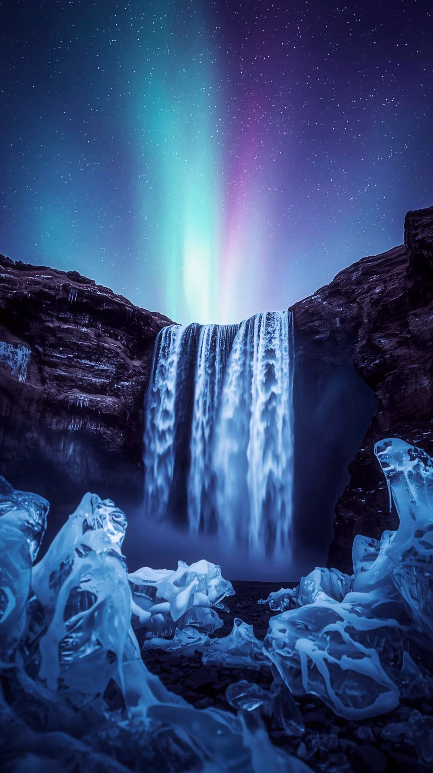Stunning iPhone wallpaper 4K of aurora over waterfall and ice. Ideal 4K wallpaper for mobile, wallpaper for phone, cute