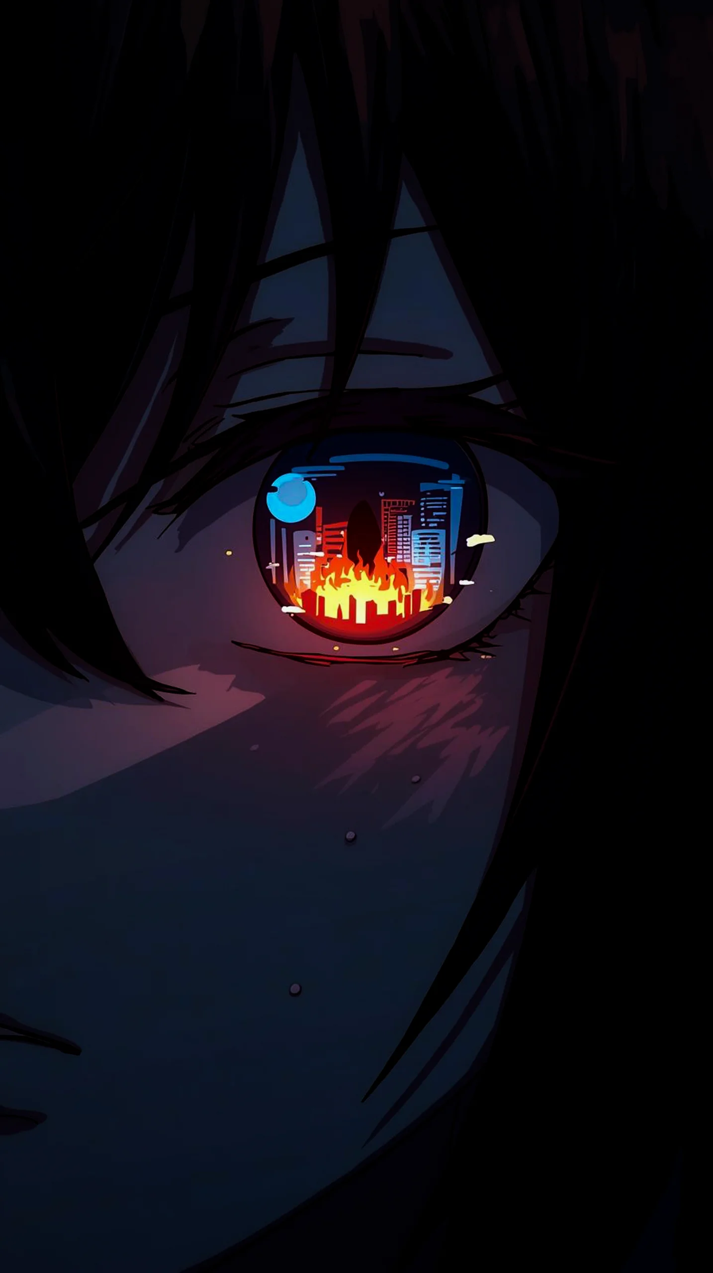 dark anime eye reflecting burning city wallpaper for phone 4k