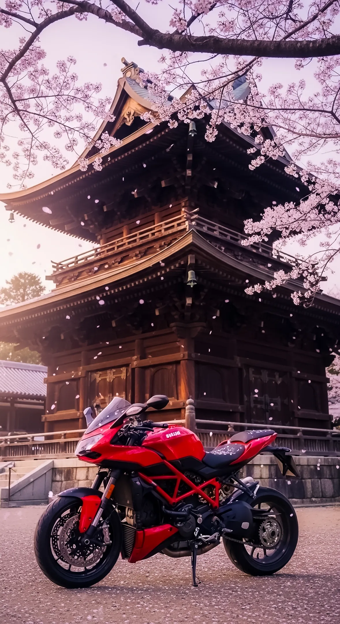 Red motorcycle at Japanese temple with cherry blossoms, ideal for phone wallpaper, iphone wallpaper 4k, 4k backgrounds