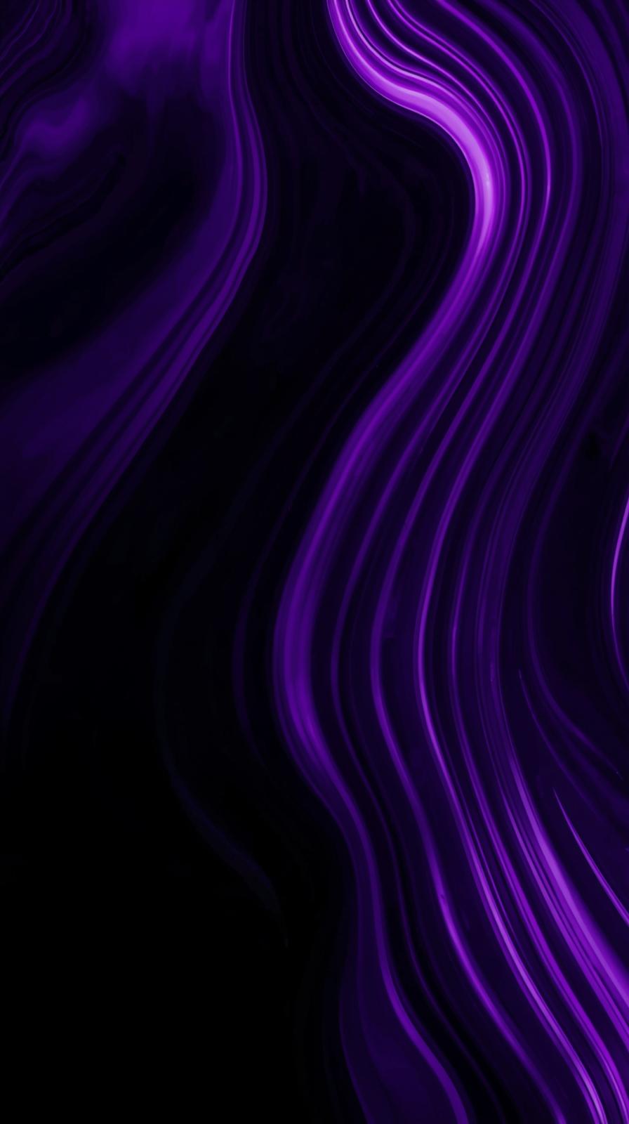 Dark glossy abstract background featuring a liquid purple gradient with a wavy striped glass refraction effect and neon violet curves.