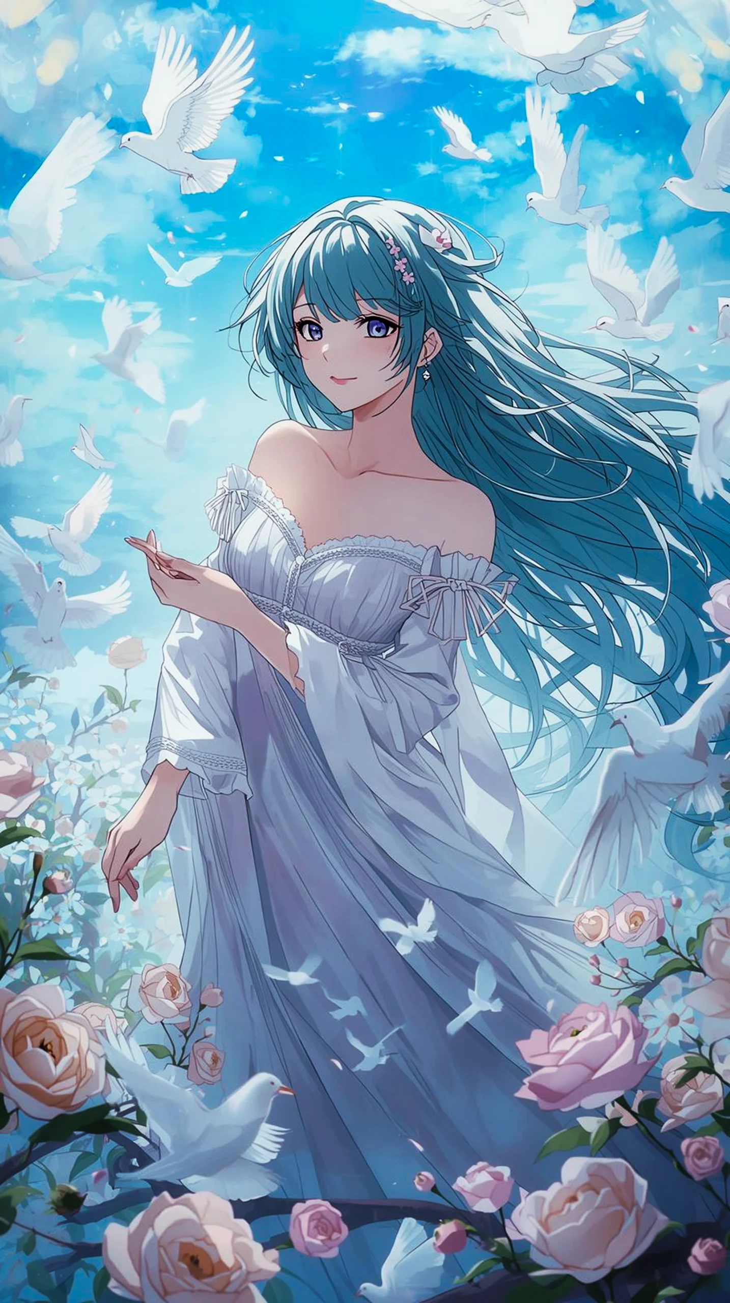 anime girl with teal hair and doves wallpaper for iPhone 4K