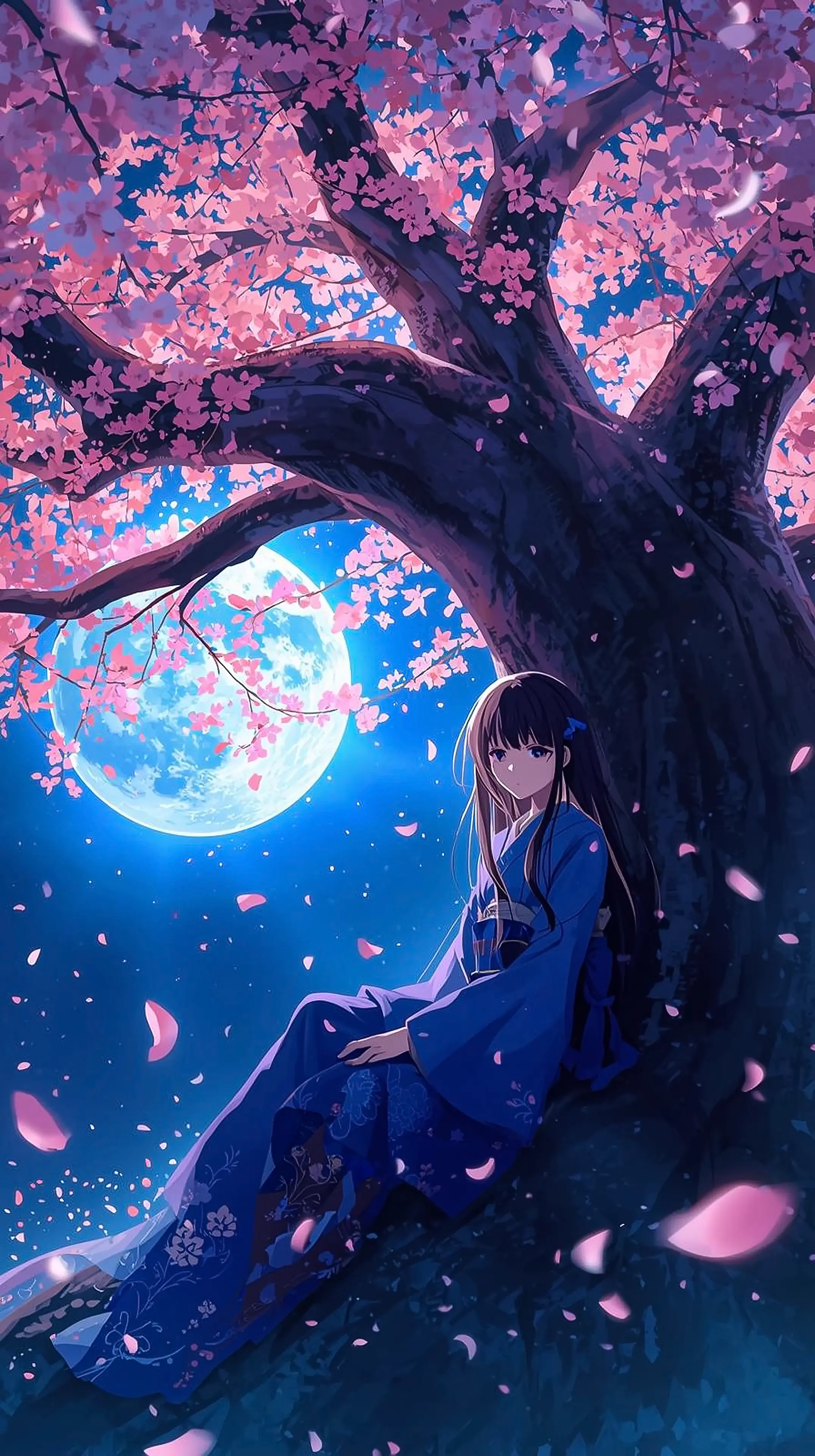 iphone wallpaper 4k Serene Anime Girl in Blue Kimono Sitting Under Blooming Cherry Blossom Tree Full Moon Pink Petals Falling Dreamy Night Sky Aesthetic
