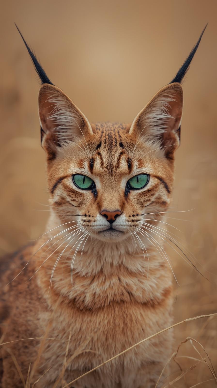A majestic caracal cat with striking green eyes and tufted ears in nature.