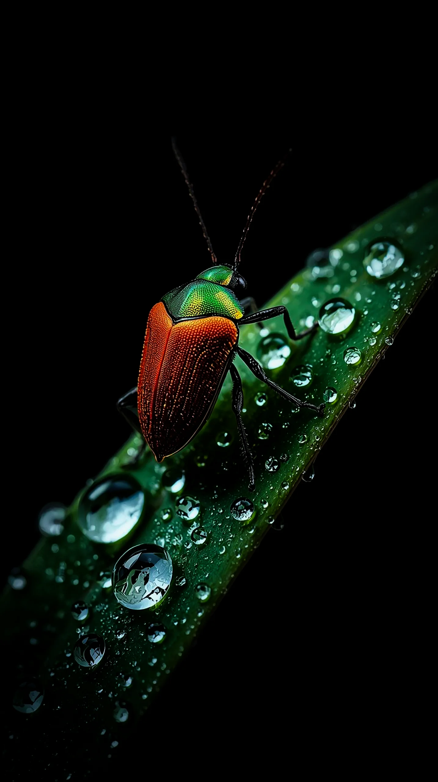 Iridescent beetle on dew-covered leaf, amoled wallpaper 4k for mobile, iphone wallpaper 4k, 4k wallpaper for phone.