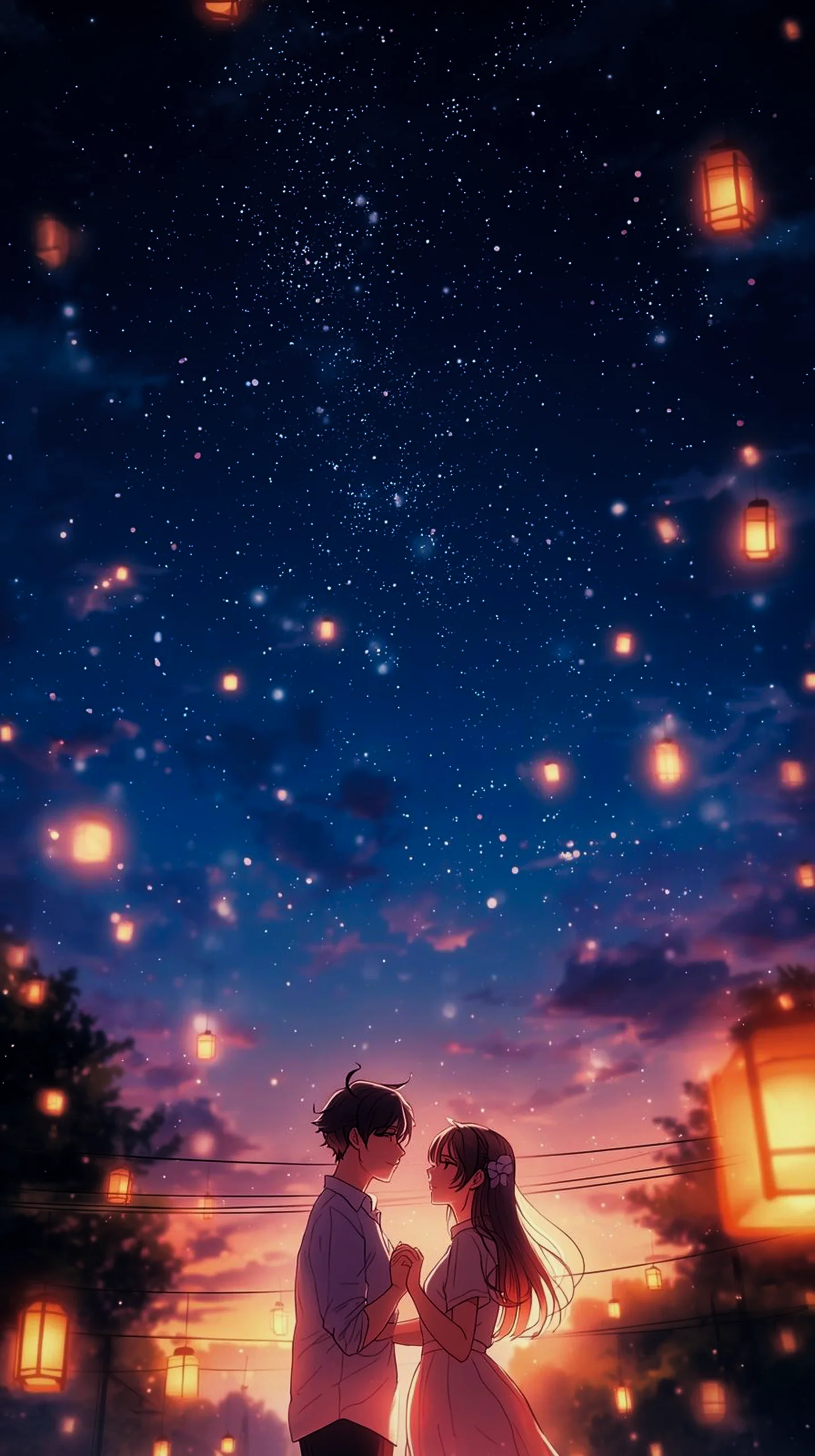 dreamy anime couple under floating lanterns wallpaper for phone 4K