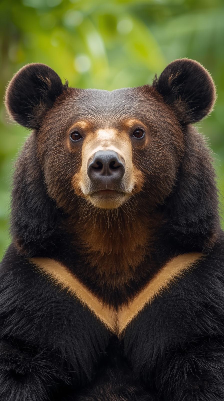 Close-up portrait of a black bear with a golden chest marking in a forest.