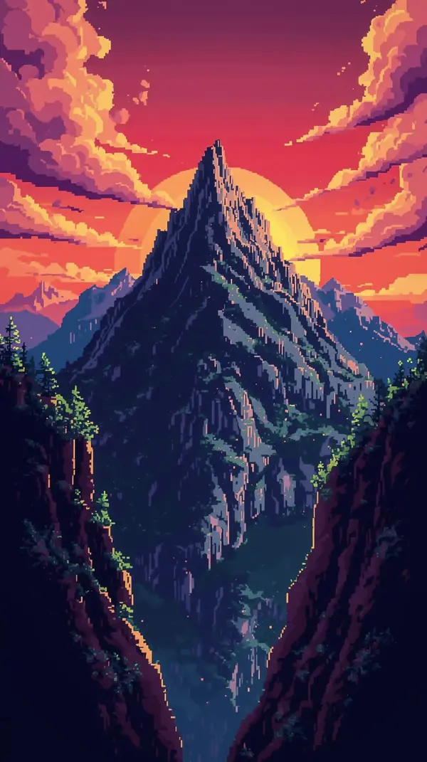 Pixel Art Wallpaper 4K — Sunset Mountain Peak 4KWallpapar