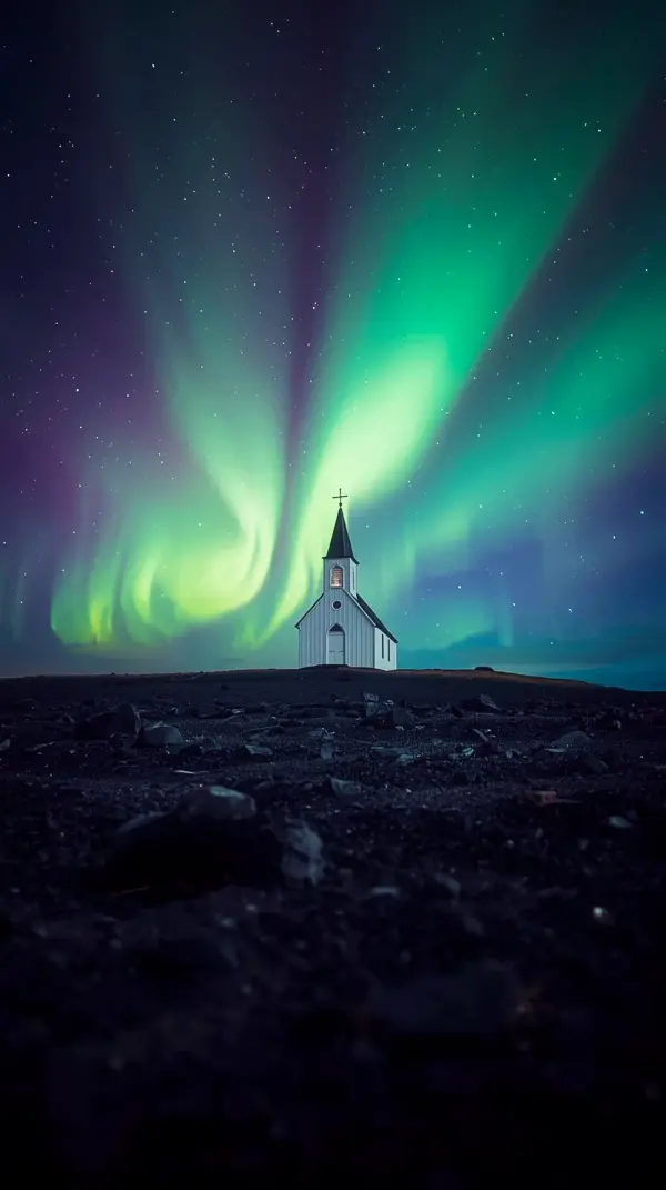 Stunning Church Under Aurora Borealis iPhone Wallpaper 4k - Cute 4k Wallpaper for iPhone and Mobile