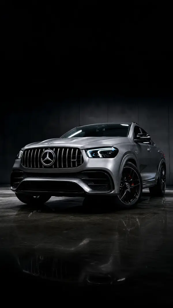 Silver Mercedes SUV in Dark Luxury Showroom with Glossy Floor