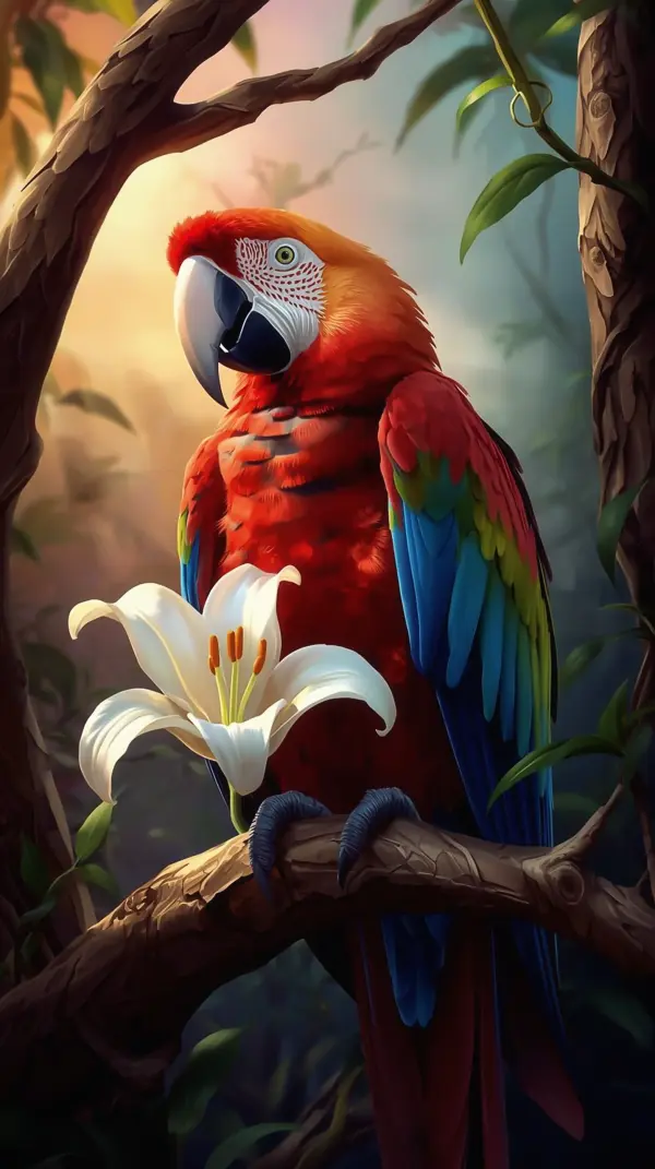 Parrot Wallpaper 4K — Vibrant Macaw and White Lily