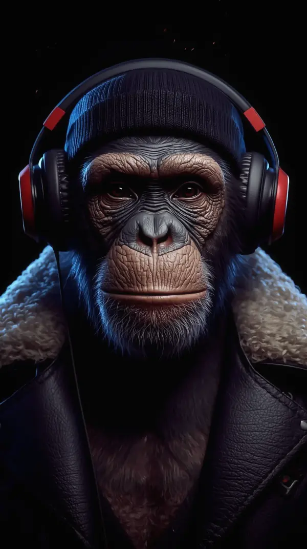 Dark mobile wallpaper — chimpanzee wearing headphones