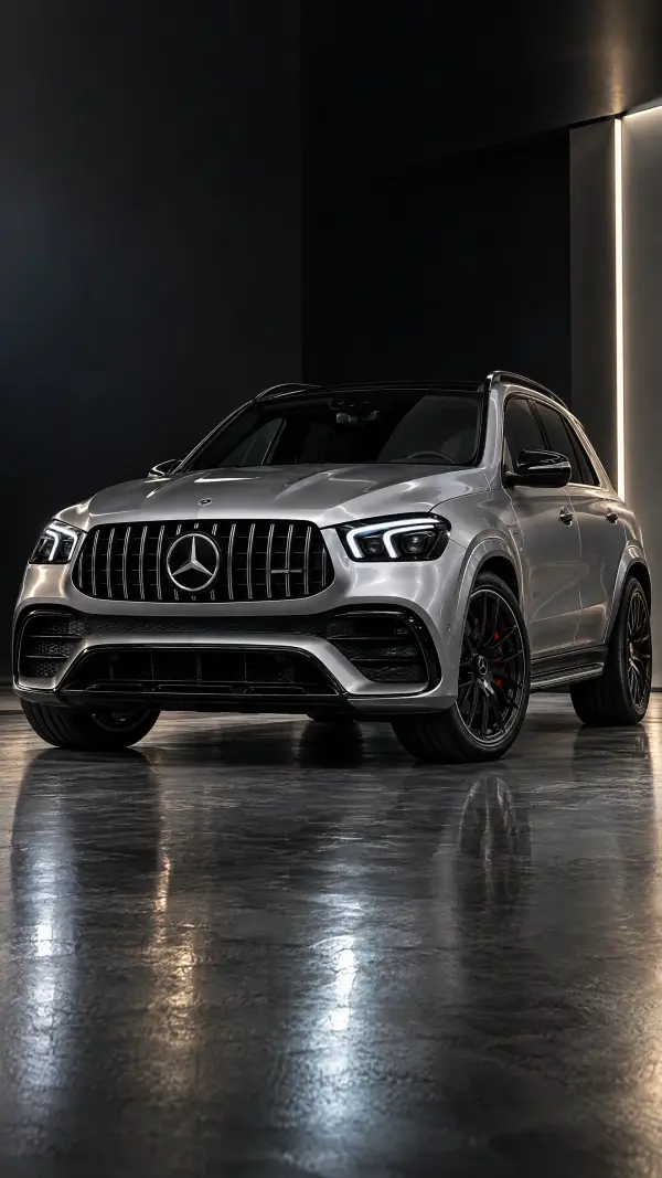 Silver Mercedes-AMG GLE SUV in Premium Dark Showroom