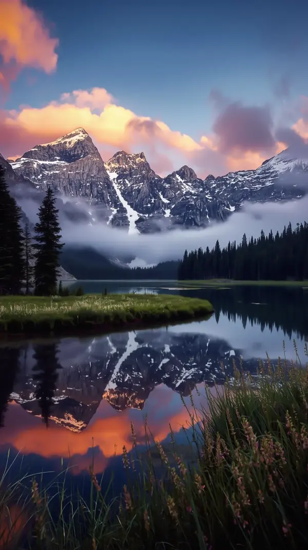 Wallpaper anime nature — misty mountain reflection
