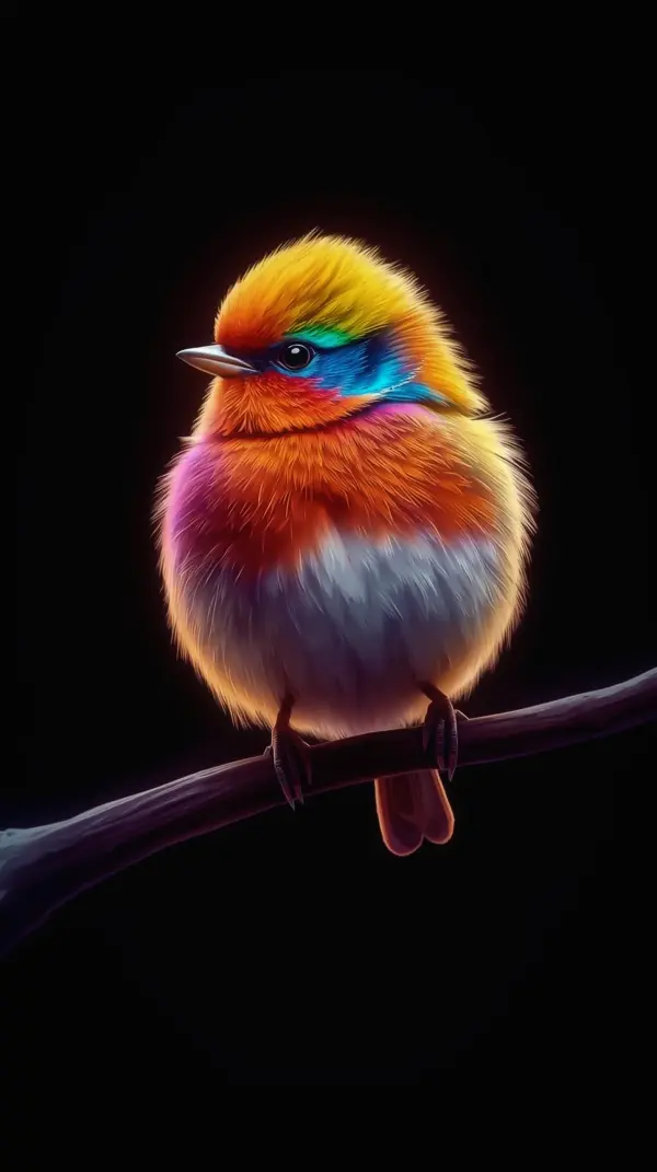 fluffy round bird with vibrant rainbow feathers perched on a branch against black background