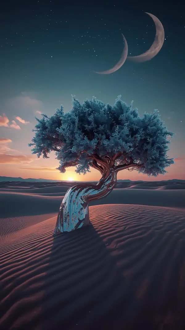metallic silver tree in a desert at sunset under a starry blue sky with two crescent moons