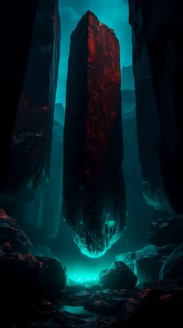 Dark mobile wallpaper — suspended red monolith