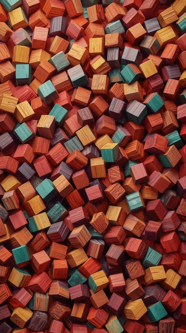 dense pile of colorful textured wooden cubes in red orange teal and yellow under soft light