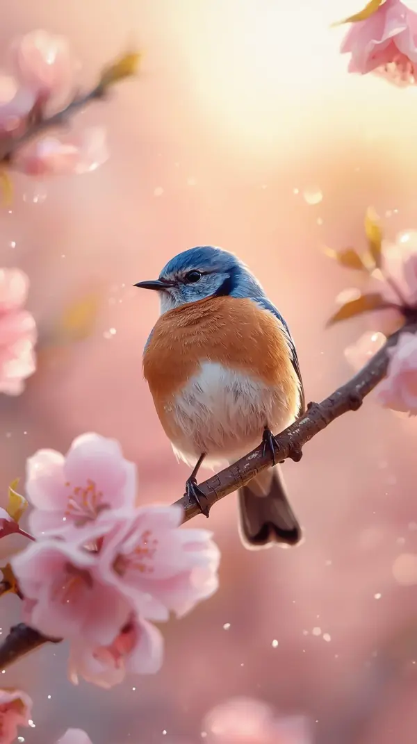 Bird Wallpaper 4K — Blue Orange Songbird Cherry Blossoms