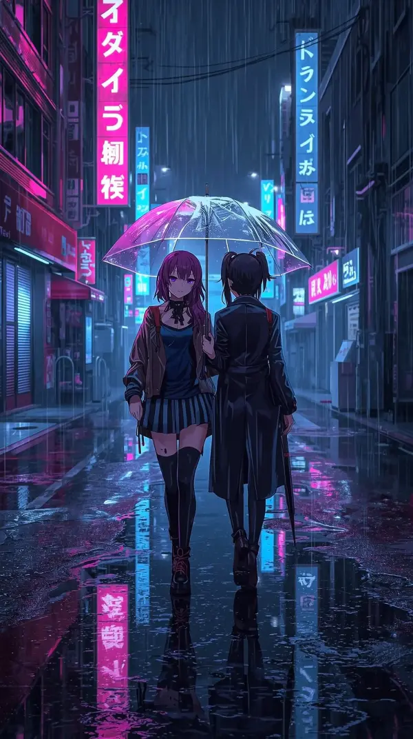 iphone wallpaper 4k Cyberpunk Anime Duo with Umbrella in Rainy Neon Street Purple Hair Twin Tails Glowing Japanese Signs Futuristic Vibe