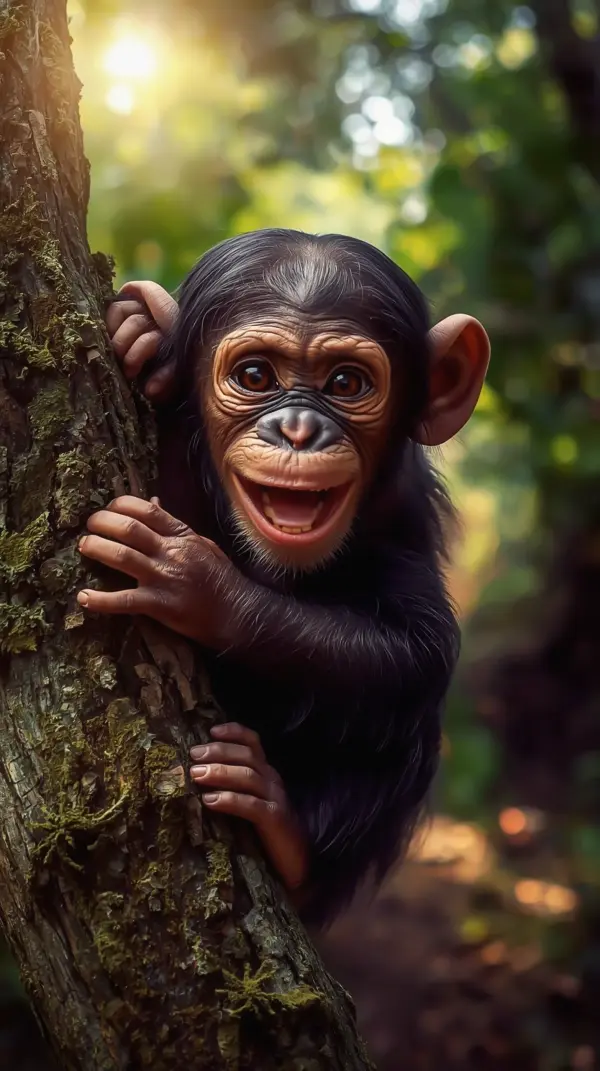 Animal Wallpaper 4K — Happy Chimpanzee in Mossy Tree