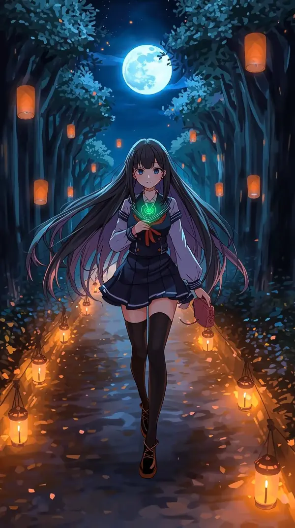 4k wallpaper for mobile Dreamy Anime Girl Long Black Hair Blue Eyes Green Magical Pendant Orange Lanterns Moonlit Tree Tunnel Fantasy Aesthetic