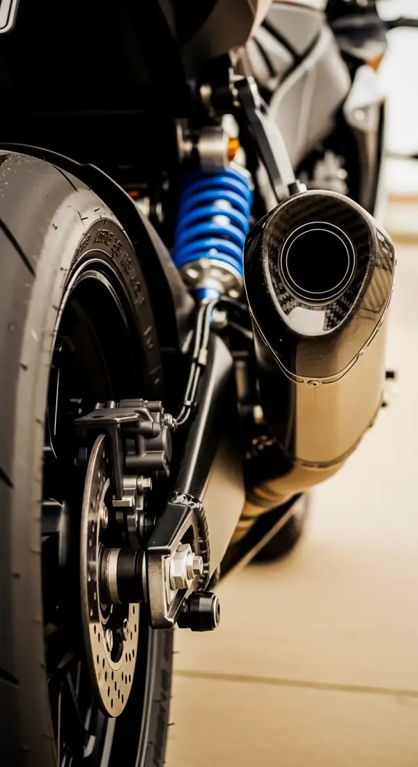 Sleek Sportbike Exhaust and Blue Suspension Phone Wallpaper - High Quality iPhone Wallpaper 4K and 4K Wallpaper for Mobile. Perfect 4K Wallpaper for iPhone and 4K Backgrounds iPhone. Wallpaper for phone cute and cool bike detail.