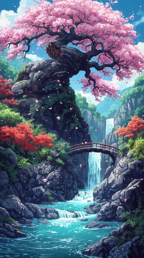 Nature Wallpaper 4K — Cherry Blossom Waterfall Bridge