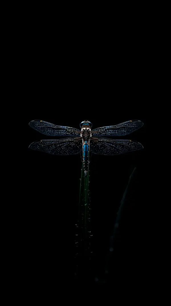 Dragonfly — Blue black insect, intricate wings