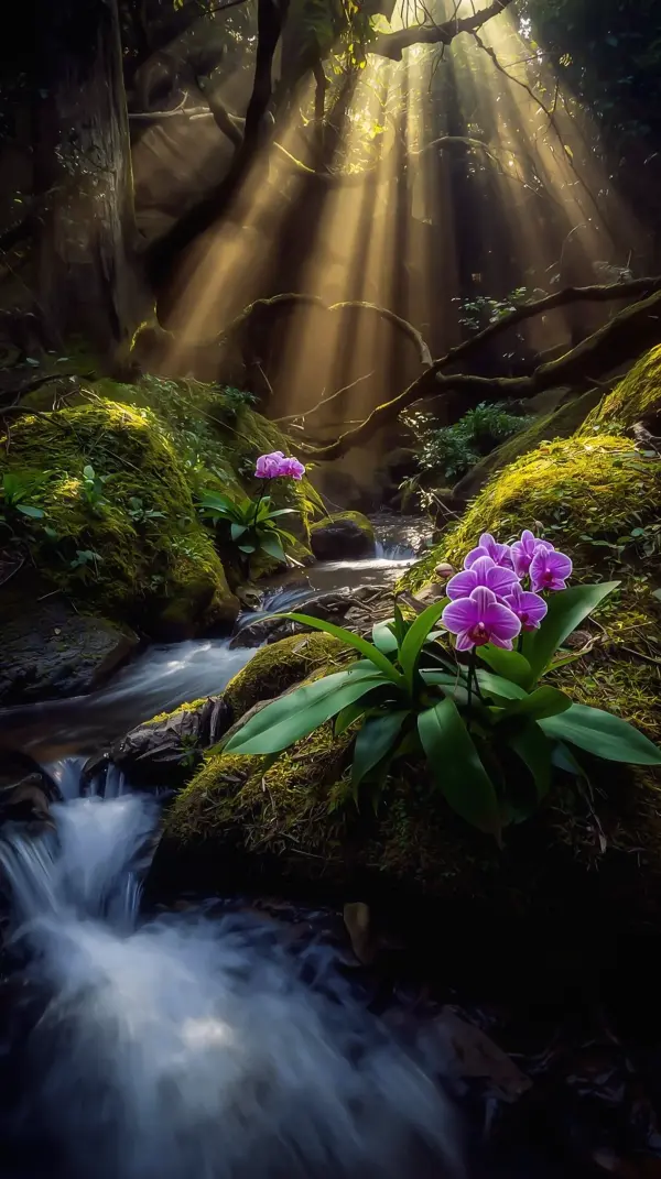 Wallpaper anime nature — sunlit forest orchids