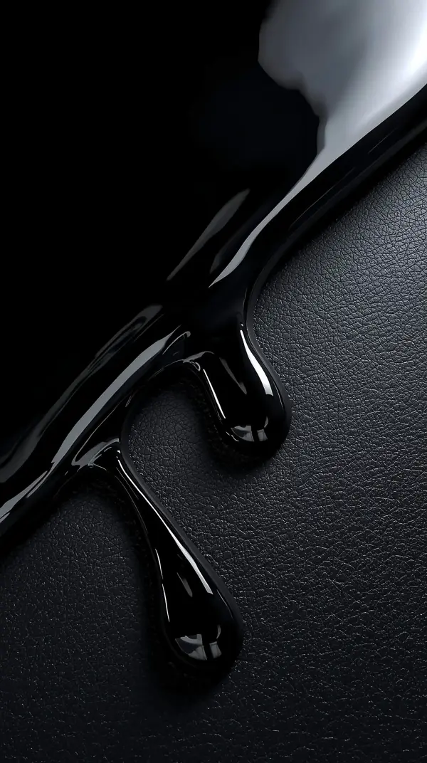 4k wallpaper for mobile Glossy Black Liquid Drips on Leather, Luxurious Shiny Ink Flow & Melting Chrome Droplets on Dark Textured Background