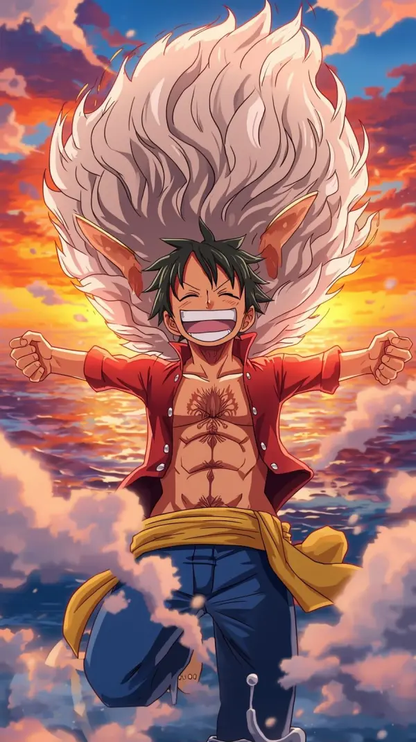 mbl wallpapers – Joyful anime captain with massive white flowing hair celebrating on a pirate ship against a vibrant sunset ocean 