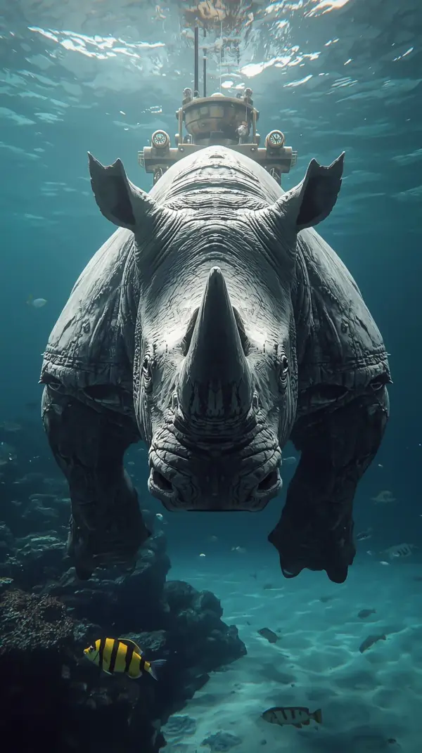 a gray rhinoceros swimming underwater with a steampunk submarine tower on its back