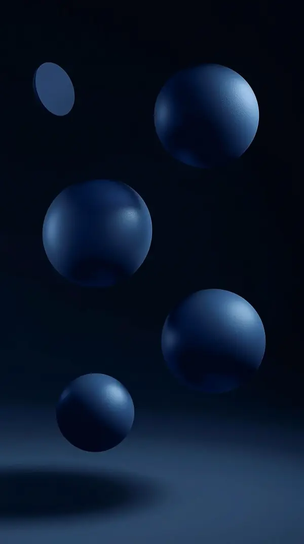 4k wallpaper for mobile Floating Matte Navy Blue Spheres, Minimalist 3D Geometric Orbs on Deep Dark Background with Soft Subtle Glow