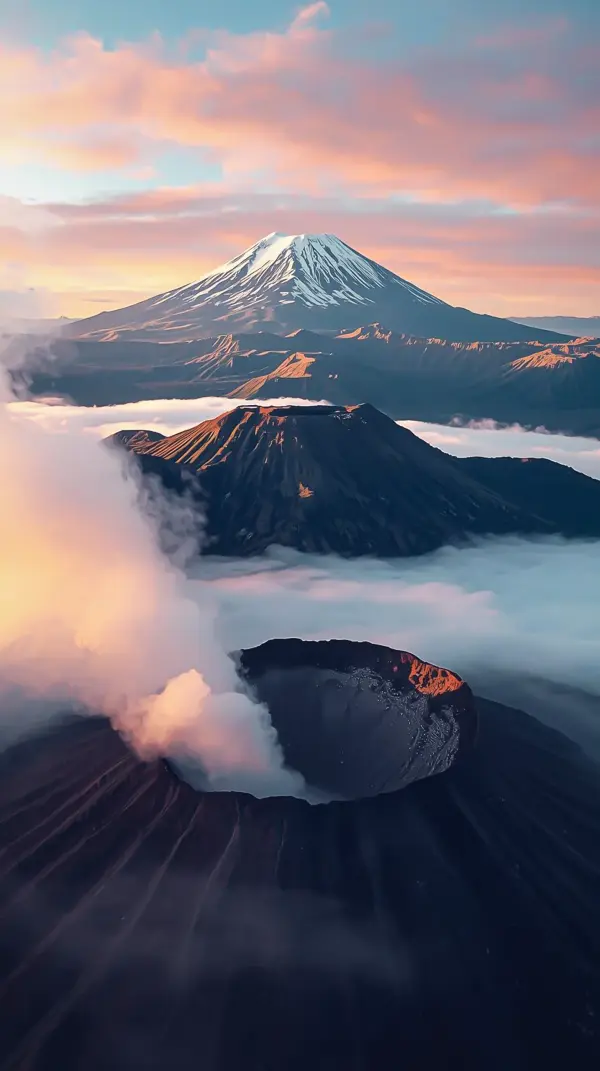 Nature Wallpaper — Volcanoes and Snowy Peak at Sunrise | 4Kwallpapar