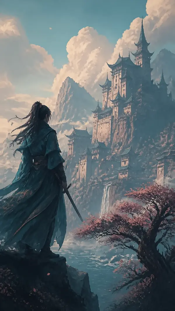 Anime scenery — warrior looking at mountain castle