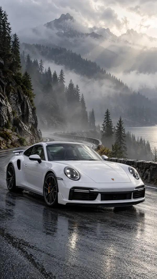White Porsche 911 Turbo S Parked on Foggy Alpine Lake Road