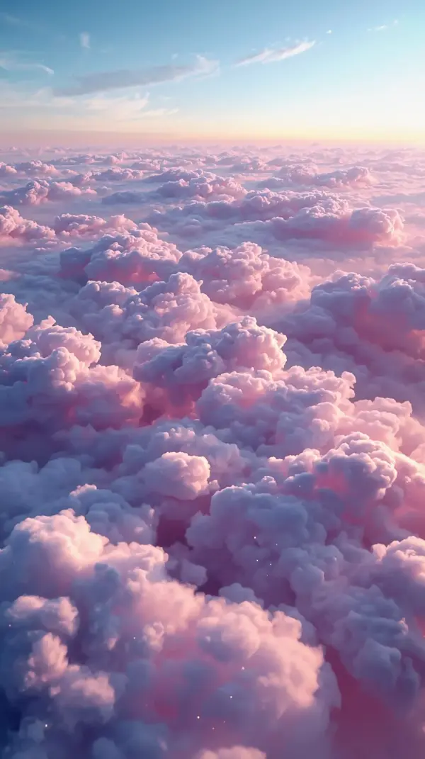 aerial view of soft fluffy pink and purple clouds under a light blue sunset sky