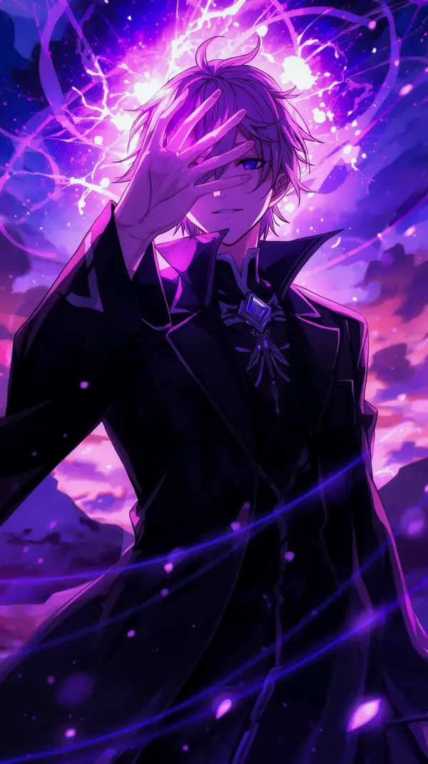 Purple Magic — Anime male, hand over face, violet energy