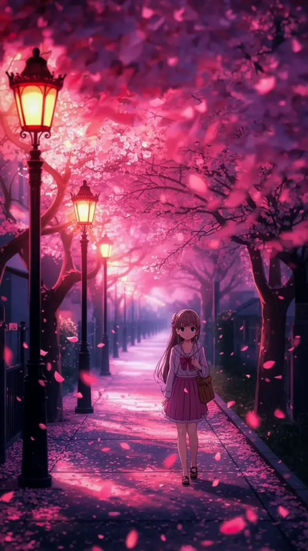 Aesthetic Anime Girl Sakura Street Wallpaper for iPhone – 4K