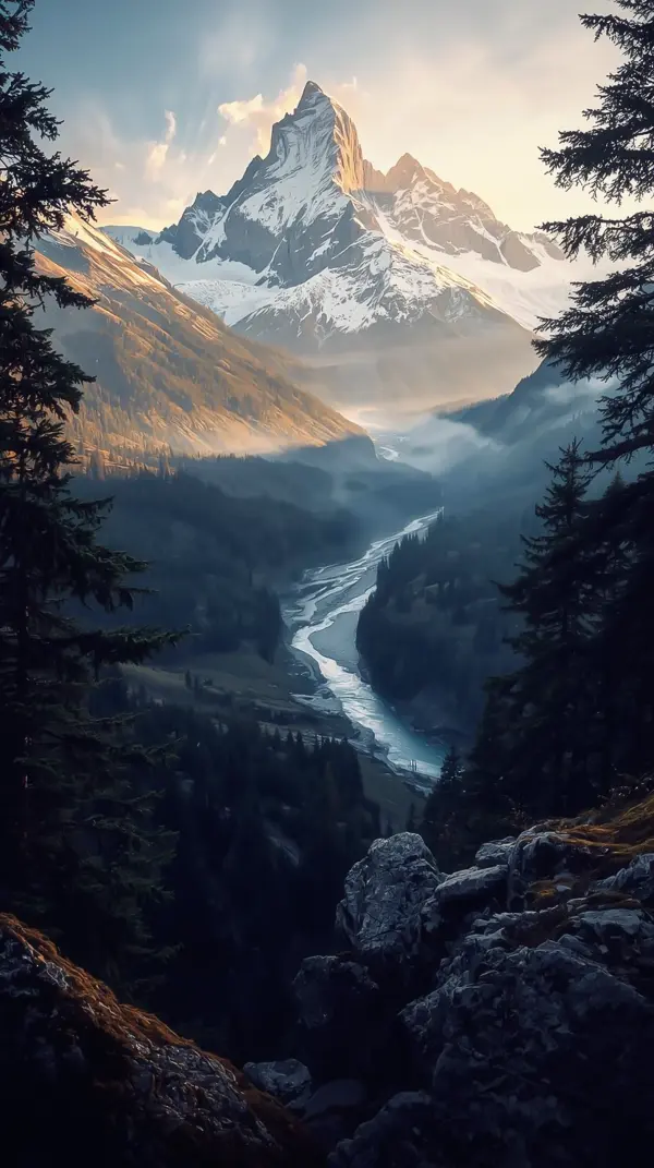 a tall snow covered mountain peak rises above a misty forest valley with a winding river