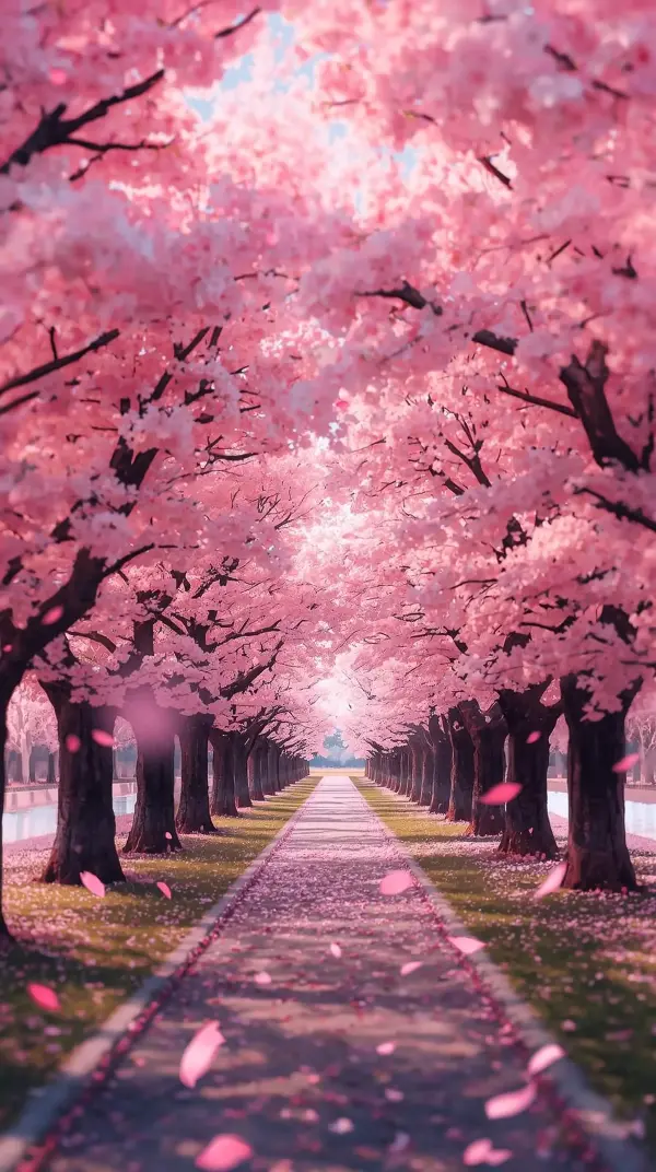 iphone wallpaper 4k Endless Sakura Blossom Tunnel Pink Cherry Trees in Full Bloom Falling Petals Serene Spring Pathway Under Blue Sky Dreamy Aesthetic