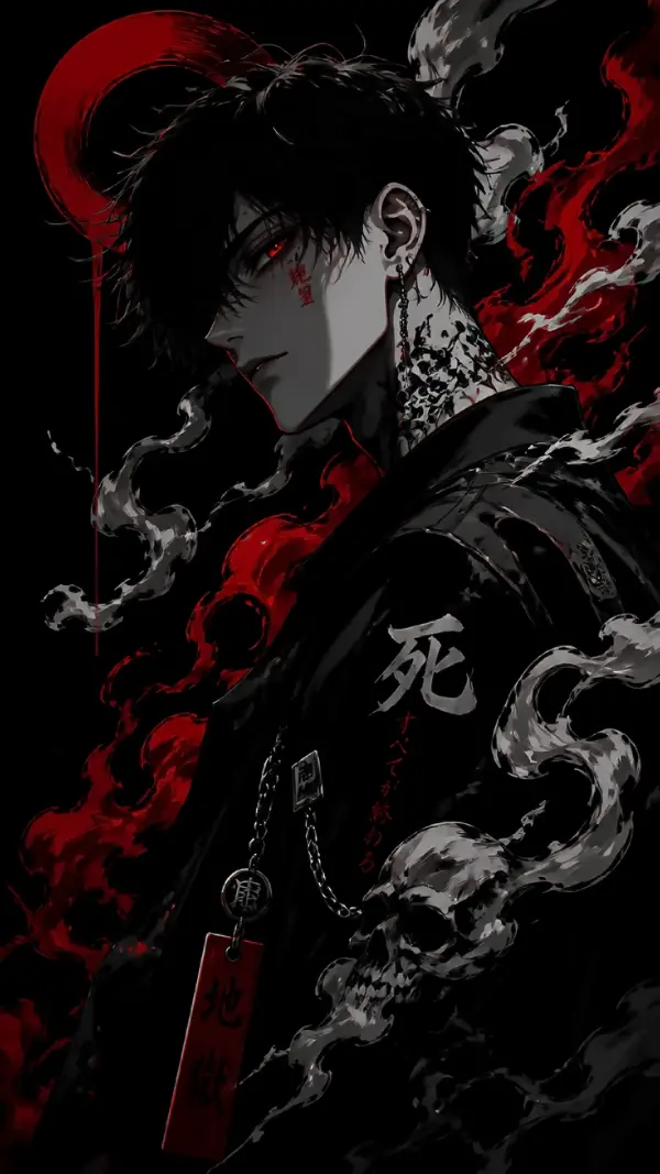 Wallpaper anime black — glowing red skull smoke