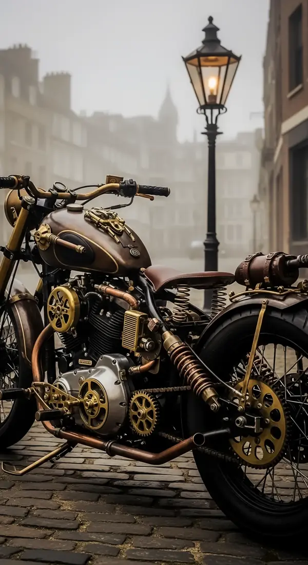 Steampunk Motorcycle 4K iPhone Wallpaper for Mobile | Vintage Bike Phone Background | Aesthetic 4K Wallpaper for iPhone with Foggy City Street | Cool 4K Backgrounds iPhone