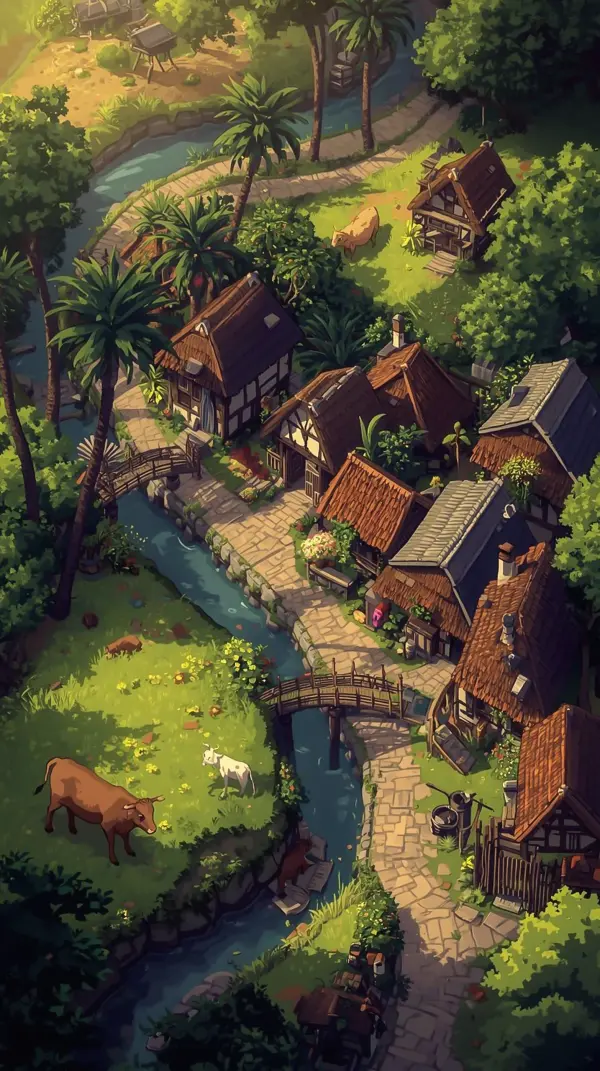 Anime wallpaper — idyllic village with winding river