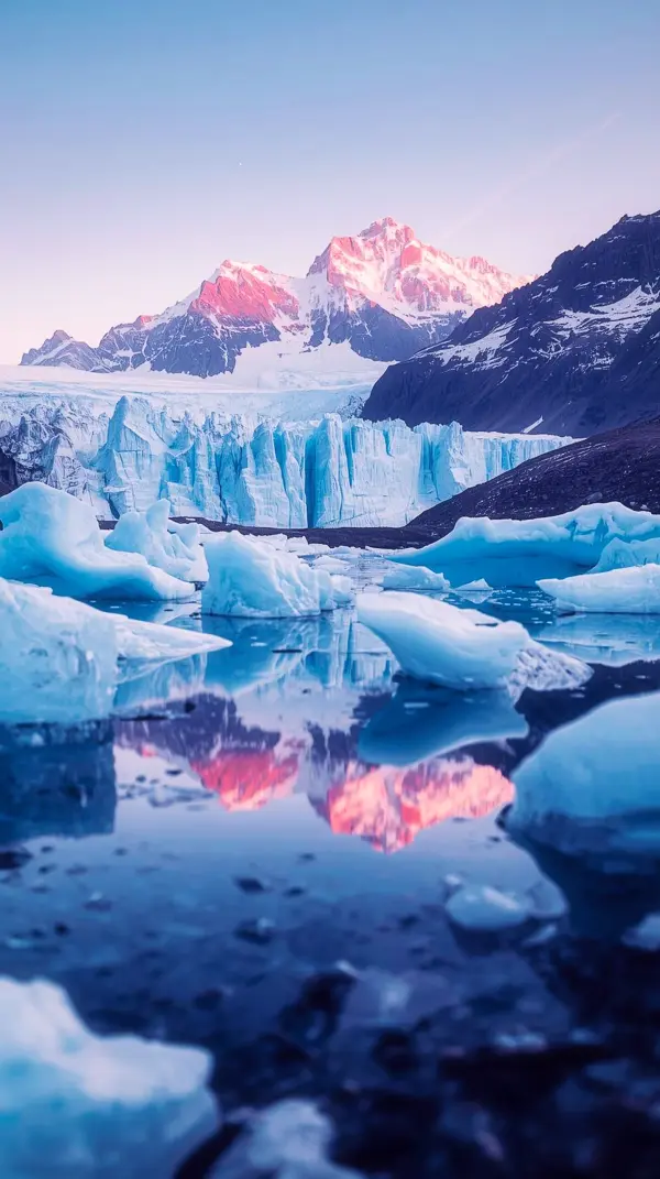 Anime scenery — icebergs and glowing pink mountains